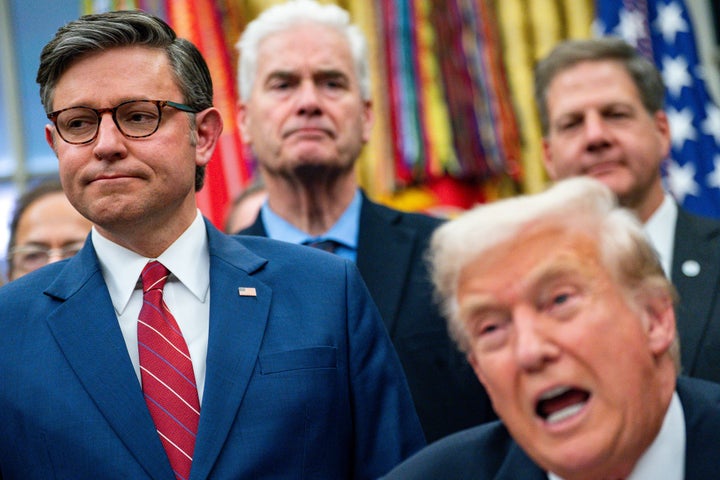 US House Speaker Mike Johnson, a Republican from Louisiana, from left, Representative Tom Emmer, a Republican from Minnesota, and President Donald Trump in the Oval Office of the White House in Washington, DC, US, on Wednesday, Nov. 12, 2025.
