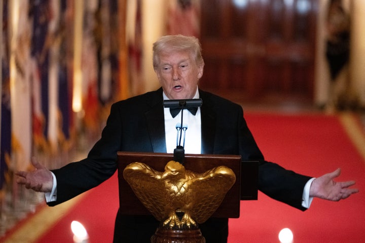 President Donald Trump speaks at the National Governors Association dinner at the White House, Saturday, Feb. 21, 2026, in Washington. (AP Photo/Allison Robbert)