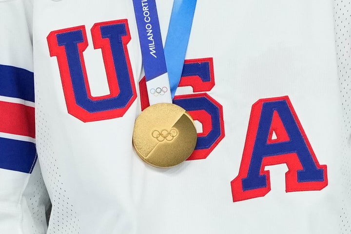 A gold medal awarded to Team USA men's ice hockey is pictured following the States' win against Canada in Milan on Sunday.