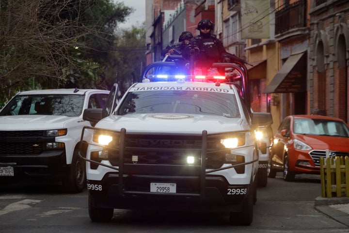 A National Guard convoy in Mexico City, Mexico, on Feb. 22, 2026, escorts a Rhino, an armored tactical vehicle used for high-impact operations and critical security situations, after federal forces kill Nemesio Oseguera Cervantes, ''El Mencho,'' leader of the Jalisco New Generation Cartel.