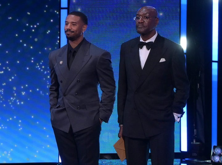 Michael B Jordan and Delroy Lindo on stage at the 2026 Baftas