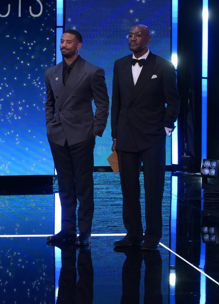 Michael B Jordan and Delroy Lindo on stage at the 2026 Baftas