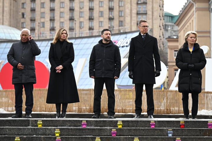 European Council President António Costa, First Lady Olena Zelenska, Ukrainian President Volodymyr Zelensky, Finnish President Alexander Stubb and European Commission President Ursula von der Leyen stand together during the ceremony to mark the fourth anniversary of the full-scale Russian invasion of Ukraine at Independence Square on February 24, 2026 in kyiv, Ukraine. On February 24, 2022, Russia launched a full-scale invasion of Ukraine, marking a massive escalation of a conflict that began with the 2014 annexation of Crimea.