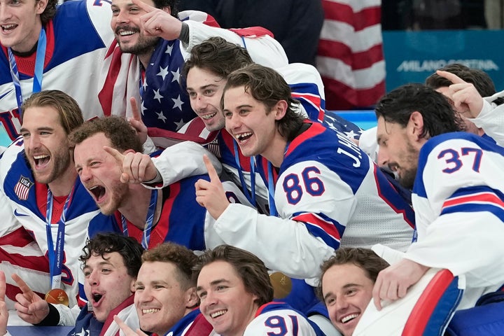 Team USA celebrates winning the gold medal game against Canada at the 2026 Winter Olympics, in Milan on Feb. 22, 2026.