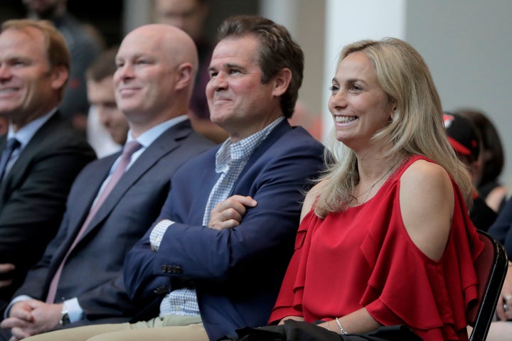 FILE — Ellen Hughes (right) and her husband, Jim Hughes (left), react as their son, Jack Hughes (not pictured), talks about how his mother taught him and his brothers to skate as the young hockey star, the New Jersey Devils' No. 1 pick in the NHL draft, talks to the media at a press conference in June 2019.