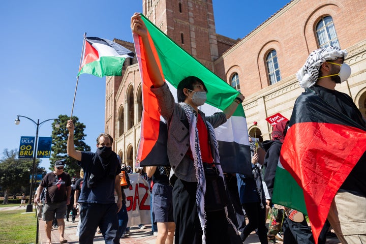 Students and community members march on Oct. 7, 2025, at UCLA in memory of Palestinian lives lost in Gaza.