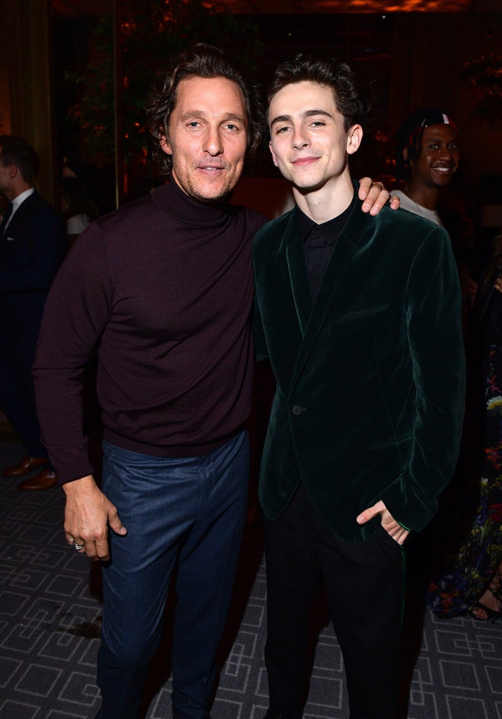 Matthew McConaughey and Timothee Chalamet pose at the InStyle and HFPA 2018 TIFF Celebration in Toronto, Canada. 