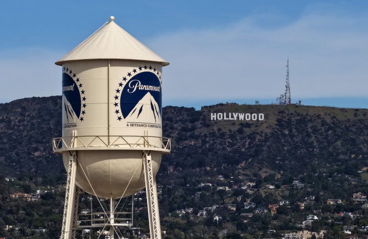 An aerial view of the Paramount logo on the water tower at Paramount Studios on Feb. 23, 2026 in Los Angeles, California. Paramount Skydance is raised its takeover offer for Warner Bros. Discovery, setting up a high-stakes bidding war.