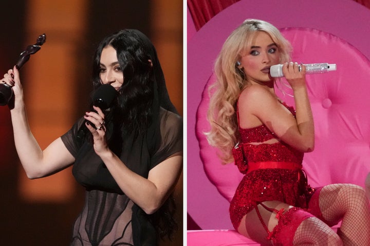 Charli XCX and Sabrina Carpenter on stage at the 2025 Brit Awards