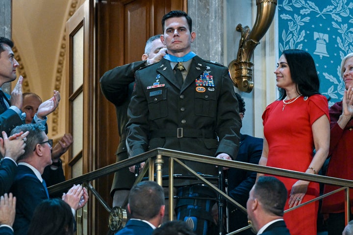 U.S. Army Chief Warrant Officer Eric Slover receives a Medal of Honor during President Donald Trump's State of the Union address to a joint session of Congress in the House chamber of the U.S. Capitol on Tuesday.
