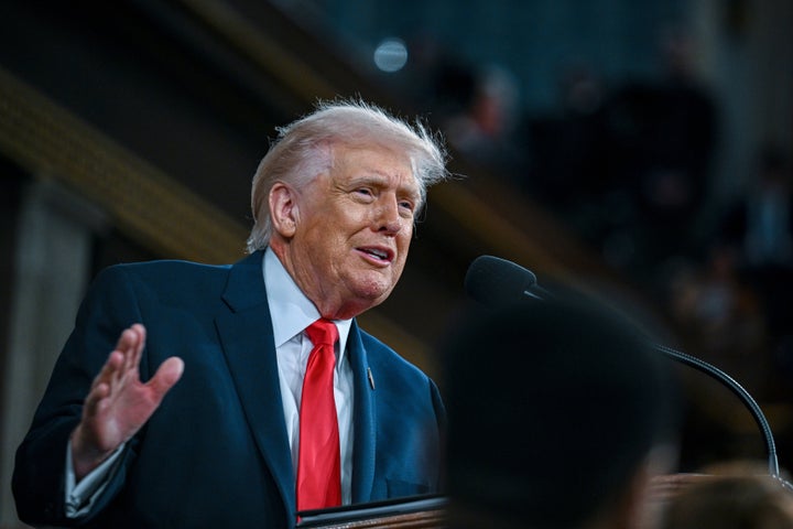 President Donald Trump delivers the State of the Union address to a joint session of Congress in the House chamber at the U.S. Capitol in Washington, Tuesday, Feb. 24, 2026. (Kenny Holston/The New York Times via AP, Pool)