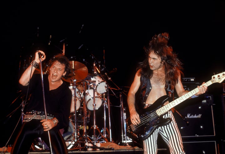 Iron Maiden rockers Paul Di'Anno (vocals), Clive Burr (drums) and Steve Harris (bass) on stage of their Killers World Tour in 1981.