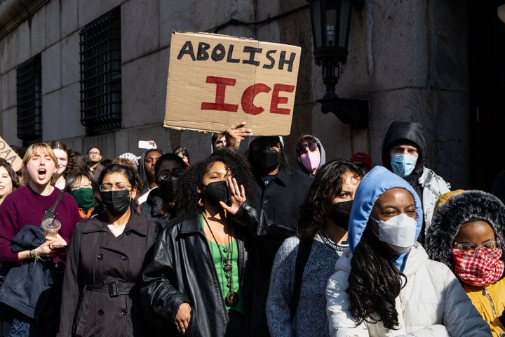 Protesters take part in anti-ICE rally outside Columbia University after federal agents detained a student inside a residential campus building in New York City on Feb. 26, 2026.
