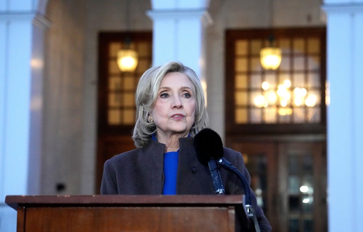 Former Secretary of State Hillary Clinton speaks to the press after testifying in a closed-door deposition with the House Oversight Committee at the Chappaqua Performing Arts Center on Feb. 26, 2026.