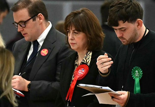 A grim-faced Labour deputy leader Lucy Powell at the by-election count.