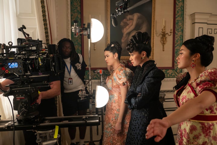 (L-R) Isabella Wei, Katie Leung and Michelle Mao behind the scenes of Brigderton