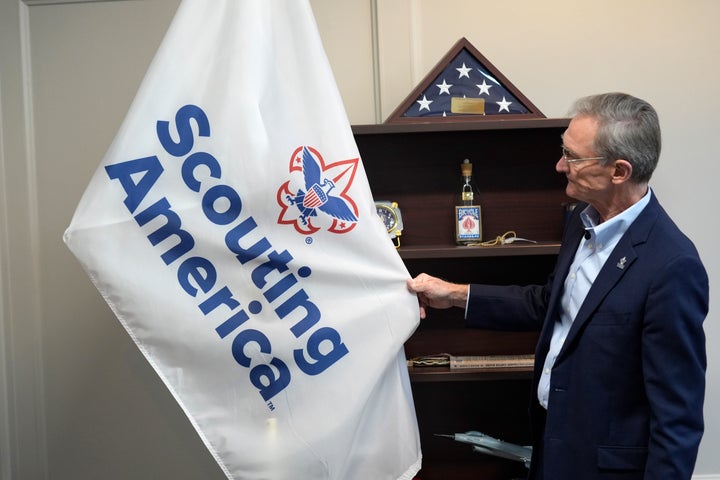 Roger Krone, chief executive officer of Scouting America, describes the design of the organization's flag in Irving, Texas, on Feb. 5, 2025.