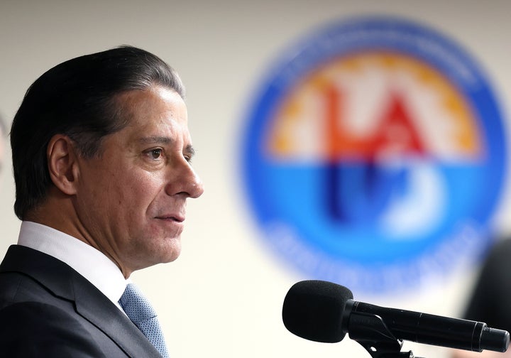 LAUSD Superintendent Alberto Carvalho, right, announces district-wide gains in advanced placement testing participation and performance for last year's testing rounds during a press conference at LAUSD Headquarters in downtown Los Angeles on Tuesday, February 24, 2026. (Christina House / Los Angeles Times via Getty Images)