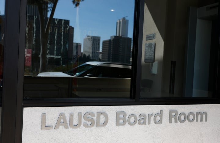 A sign is posted in front of the Los Angeles Unified School District (LAUSD) headquarters on February 25, 2026 in Los Angeles, California. The FBI served search warrants at the Los Angeles Unified School District's headquarters and the home of Superintendent Alberto Carvalho on Wednesday morning as federal officials work on an ongoing investigation. (Photo by Justin Sullivan/Getty Images)