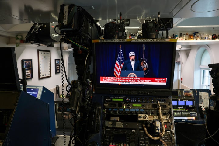WASHINGTON, DC - FEBRUARY 28: An NBC News live feed airs a clip from U.S. President Donald Trump's Truth Social video announcement in the White House James S. Brady Press Briefing Room on February 28, 2026 in Washington, DC. U.S. President Donald Trump announced that the United States and Israel had launched an attack on Iran Saturday morning. (Photo by Anna Moneymaker/Getty Images)