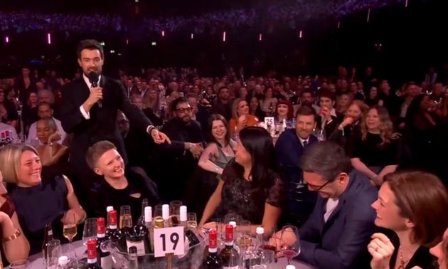 Jack Whitehall speaking to Lisa Nandy and Andy Burnham during the 2026 Brit Awards