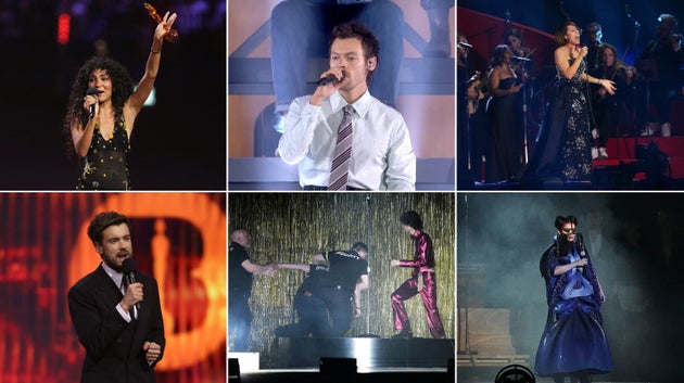 (Clockwise from top left) Olivia Dean, Harry Styles, Raye, Björk, Sombr and Jack Whitehall at the 2026 Brit Awards