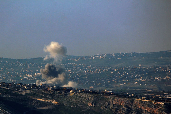 Smoke from an Israeli air raid billows from alleged pro-Iranian Hezbollah positions in the southern Lebanese village of Dier Siran on March 2, 2026. Israel launched a string of attacks across Lebanon after Hezbollah launched missiles at the Israeli city of Haifa.
