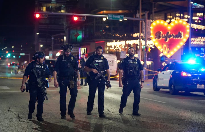 AUSTIN, TEXAS - MARCH 1: Austin police work at the scene of a shooting on West 6th Street on Sunday March 1, 2026. (Jay Janner/The Austin American-Statesman via Getty Images)