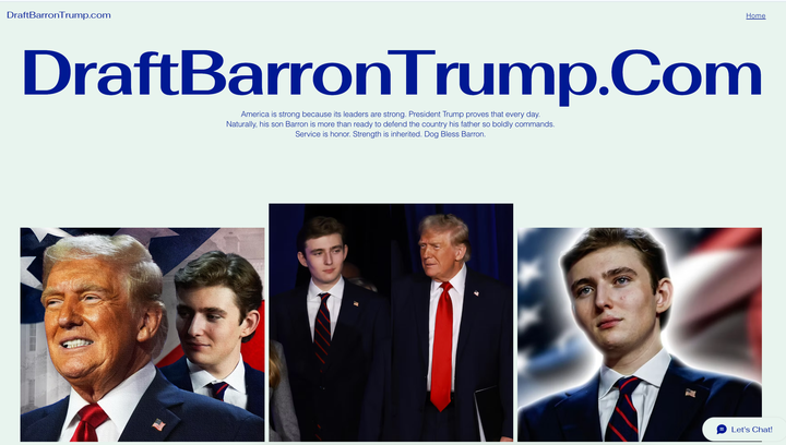A screenshot of DraftBarronTrump.com, a website created by a former 