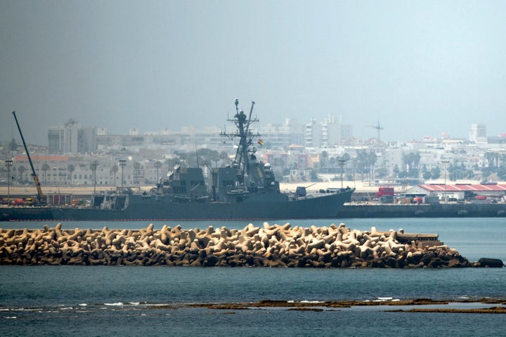 A warship docked at the U.S.-Spanish naval base in Rota, Spain, in 2025.