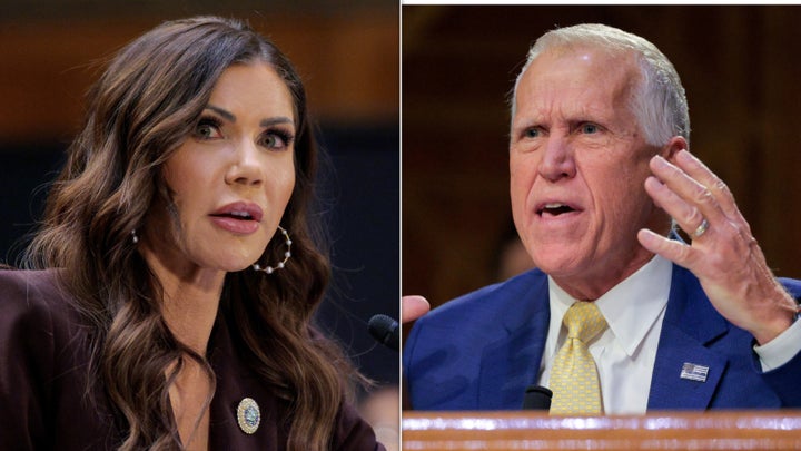 Sen. Thom Tillis (R-N.C.), right, excoriated DHS Secretary Kristi Noem, left, for her failed leadership over ICE, FEMA and her 14-month-old puppy that she shot.
