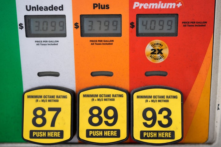 Fuel prices are displayed on a gas pump Tuesday in Franklin, Tennessee.