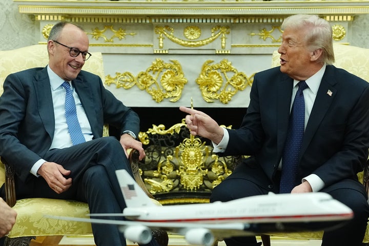 President Donald Trump, right, meets with German Chancellor Friedrich Merz at the White House.