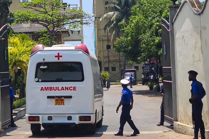 An ambulance enters Sri Lanka's southern naval head quarters in Galle to pick up Iranian sailors rescued from Iranian frigate Iris Dena that was sunk off their island.