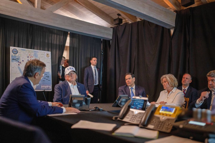 President Donald Trump, CIA Director John Ratcliffe, Secretary of State Marco Rubio and White House chief of staff Susie Wiles at Mar-a-Lago during Operation Epic Fury.