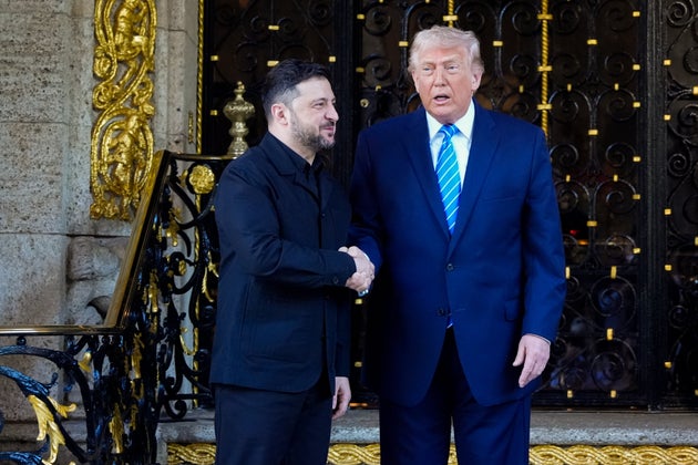 President Donald Trump greets Ukraine's President Volodymyr Zelenskyy at his Mar-a-Lago club, Sunday, Dec. 28, 2025, in Palm Beach, Fla.