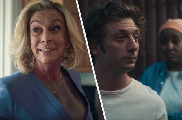 Jamie Lee Curtis (left) and Jeremy Allen White and Ayo Edebiri (right) in The Bear