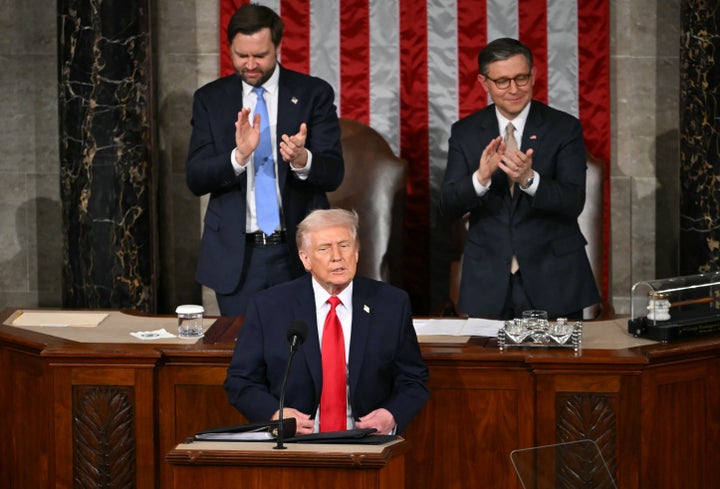US President Donald Trump concludes his remarks during the State of the Union address in the House Chamber of the US Capitol in Washington, DC, on February 24, 2026. (Photo by ANDREW CABALLERO-REYNOLDS / AFP via Getty Images)