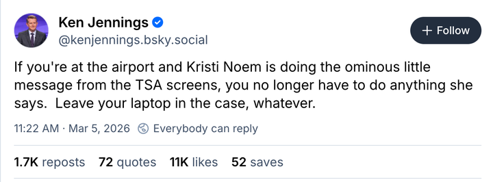 "Jeopardy" host Ken Jennings posts a sarcastic dig at now-former Homeland Security Secretary Kristi Noem following her firing by President Donald Trump on March 5, 2026.