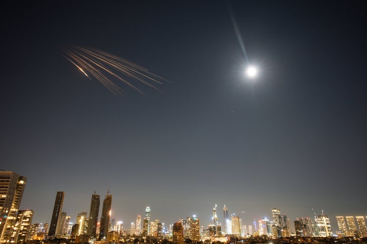 Missiles launched from Iran are seen in the sky over central Israel, on March 5, 2026.