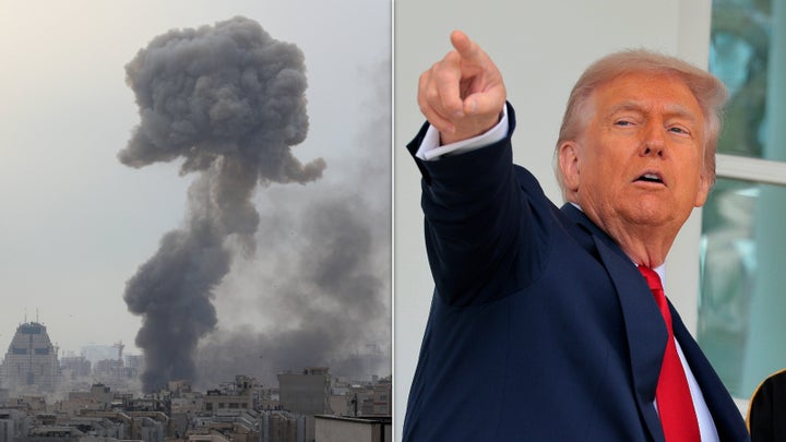A plume of smoke rises above Tehran after explosions there on March 2, 2026, at left. At right, President Donald Trump points while giving Mohammed bin Salman of Saudi Arabia a tour of the White House on Nov. 18, 2025.