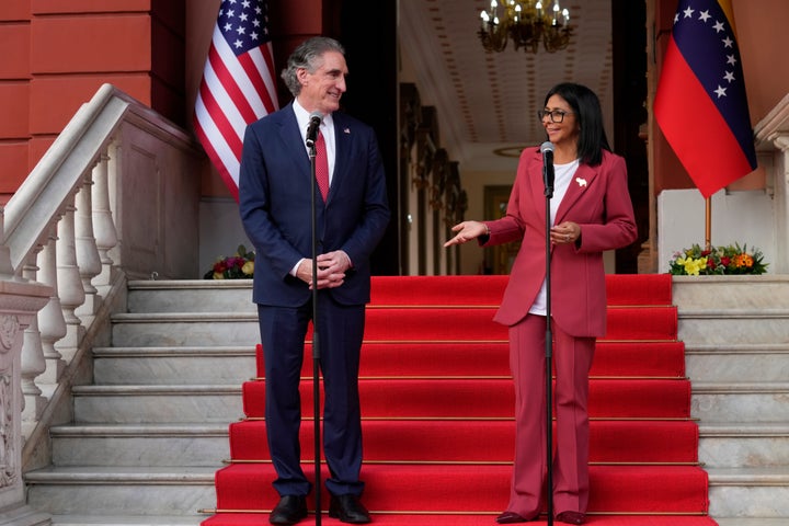 Venezuela's acting President Delcy Rodriguez, right, delivers joint remarks with U.S. Interior Secretary Doug Burgum at Miraflores presidential palace in Caracas, Venezuela, Wednesday, March 4, 2026. (AP Photo/Ariana Cubillos)