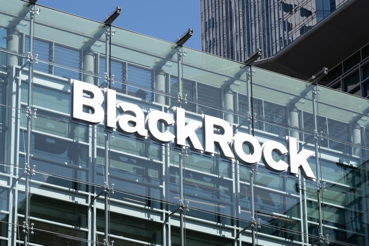 BlackRock logo on glass office facade under clear blue sky, San Francisco, California, May 27, 2025. (Photo by Smith Collection/Gado/Getty Images)