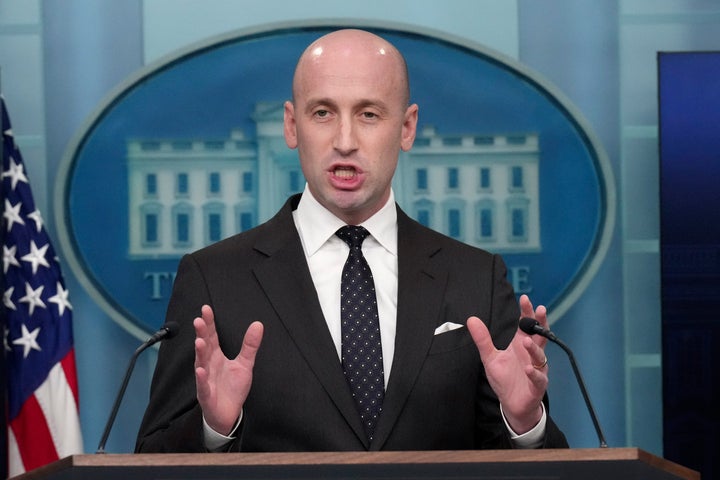 Stephen Miller speaks with reporters in the James Brady Press Briefing Room at the White House on Feb. 20, 2025. 