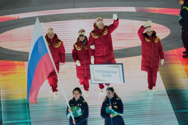 Athletes from Russia enter during the opening ceremony at the 2026 Winter Paralympics, in Verona, Italy, Friday, March 6, 2026. (AP Photo/Luca Bruno)