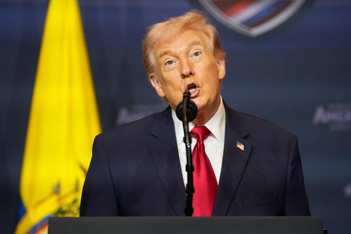 President Donald Trump speaks at the Shield of the Americas Summit, Saturday, March 7, 2026, at Trump National Doral Miami in Doral, Fla. (AP Photo/Rebecca Blackwell)