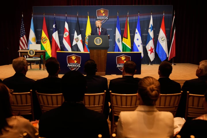 President Donald Trump speaks at the Shield of the Americas Summit, Saturday, March 7, 2026, at Trump National Doral Miami in Doral, Fla. (AP Photo/Rebecca Blackwell)