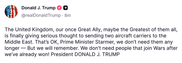 Donald Trump's latest Truth Social attack on Starmer.
