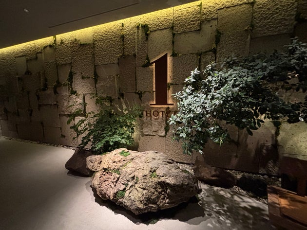 エレベーターを降りるとブランドの象徴である大谷石やグリーンが迎えてくれる