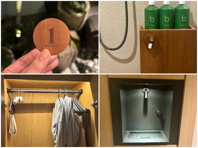 左上から時計回りに、環境配慮の工夫が施されている各客室のカードキー、砂時計、ハンガーそしてウォータータップ